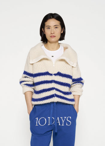 zip cardigan knit stripes | ecru/true blue