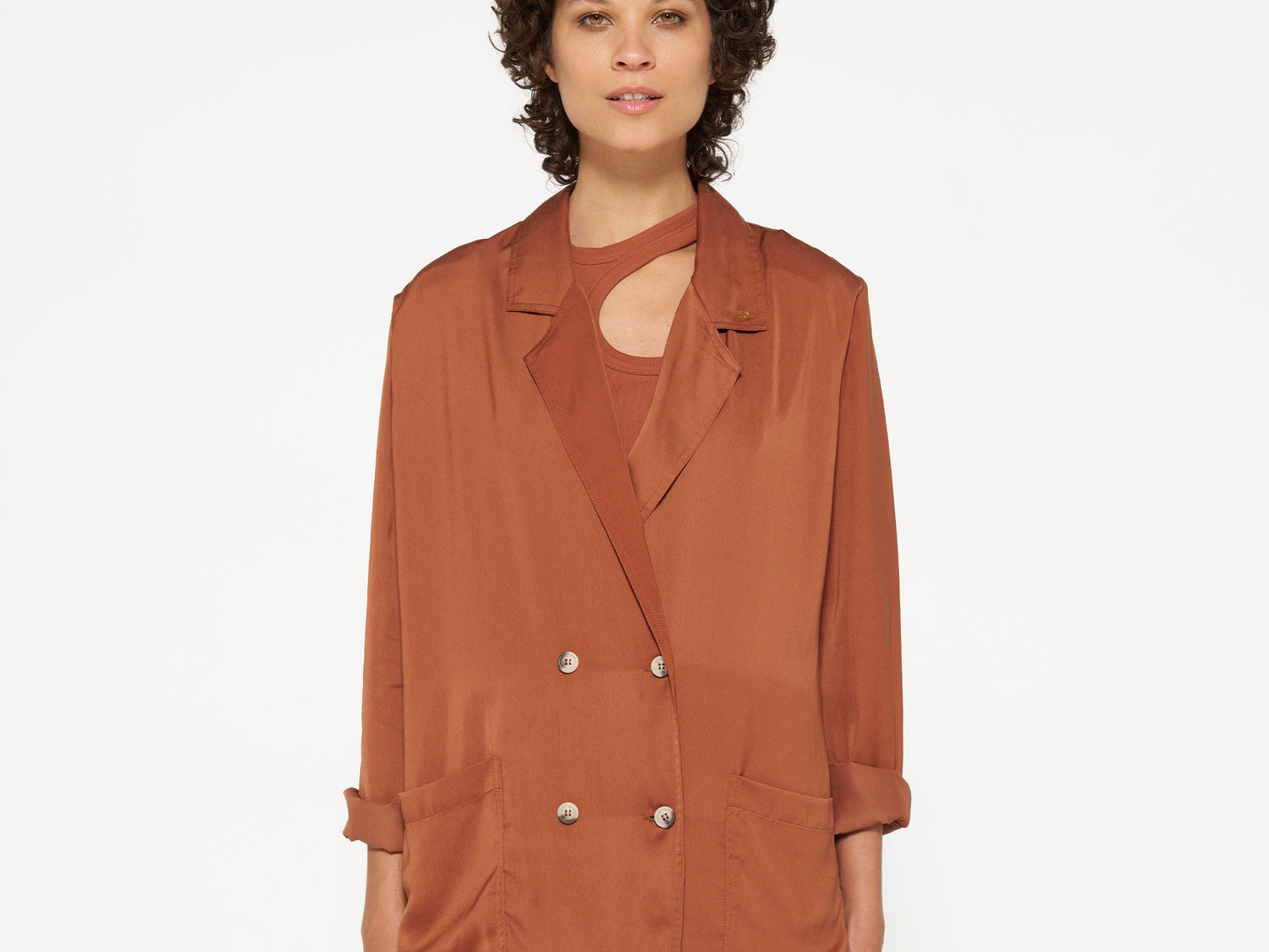 double breasted satin blazer | saddle brown