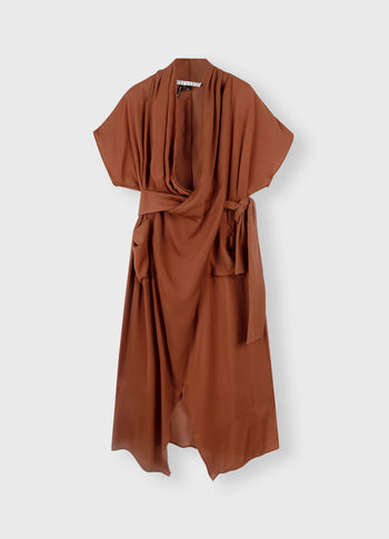 satin kimono dress | saddle brown