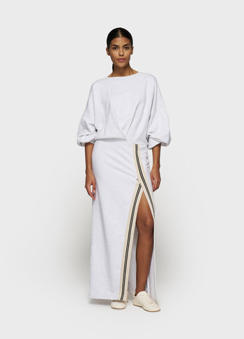 long wrap dress gathering | white grey melee