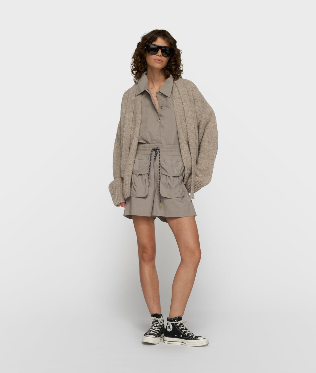 short belted knit cardigan | fog