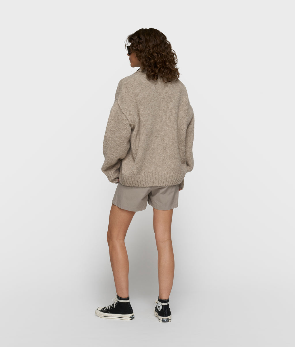 short belted knit cardigan | fog