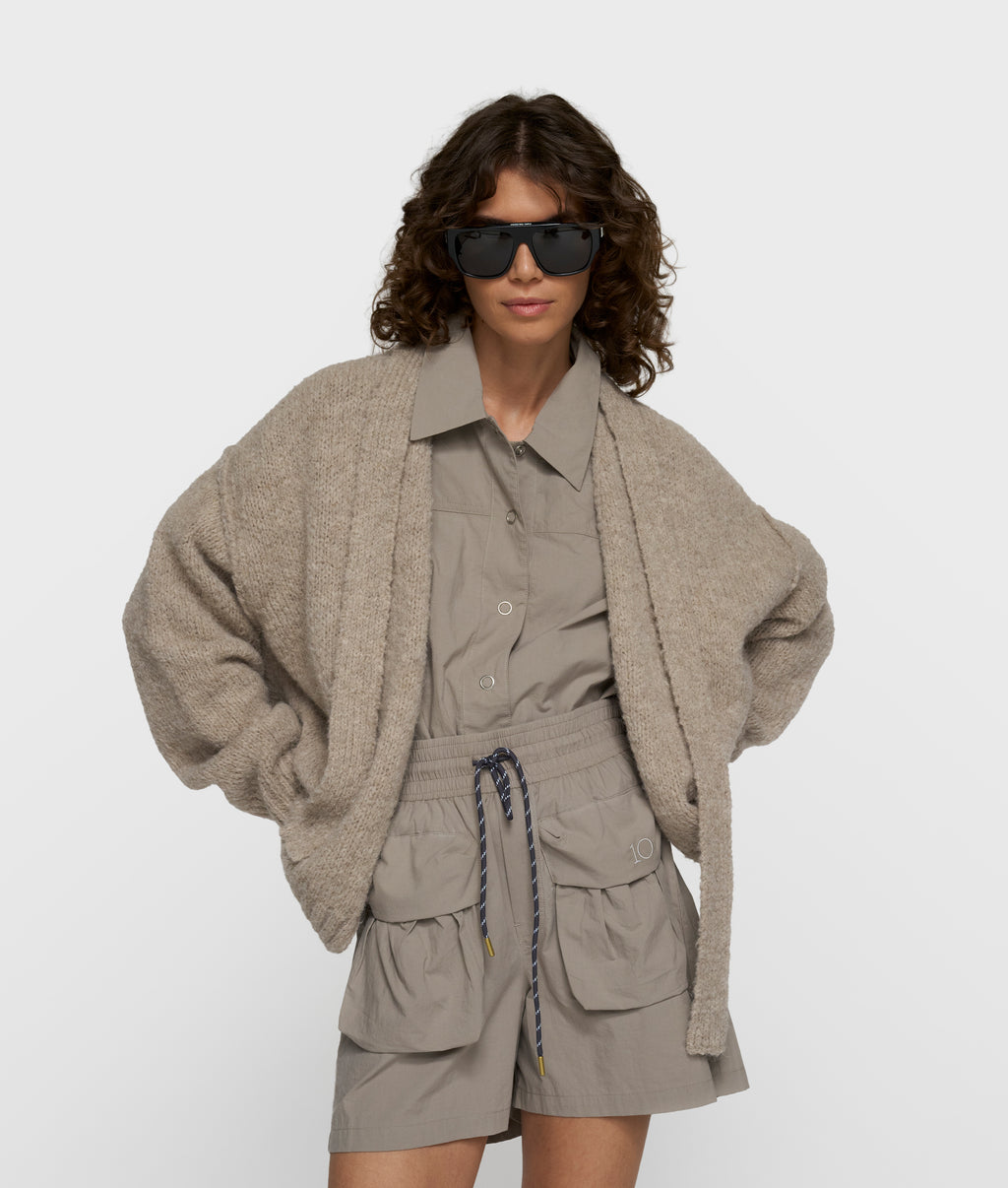 short belted knit cardigan | fog