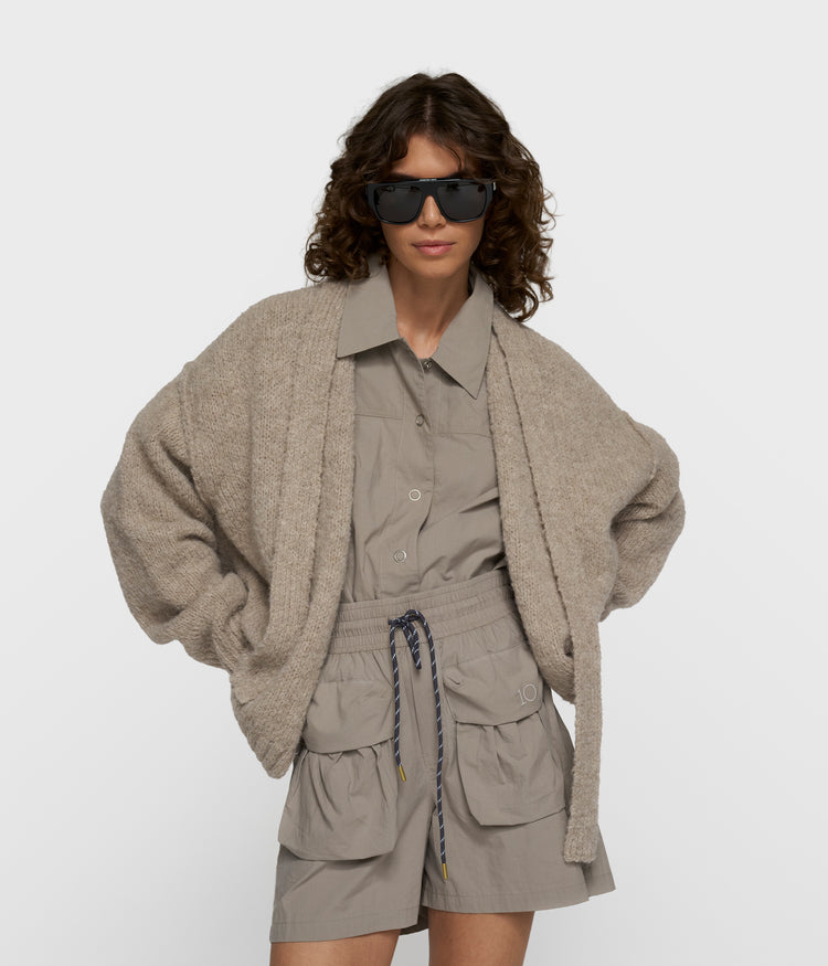 short belted knit cardigan | fog
