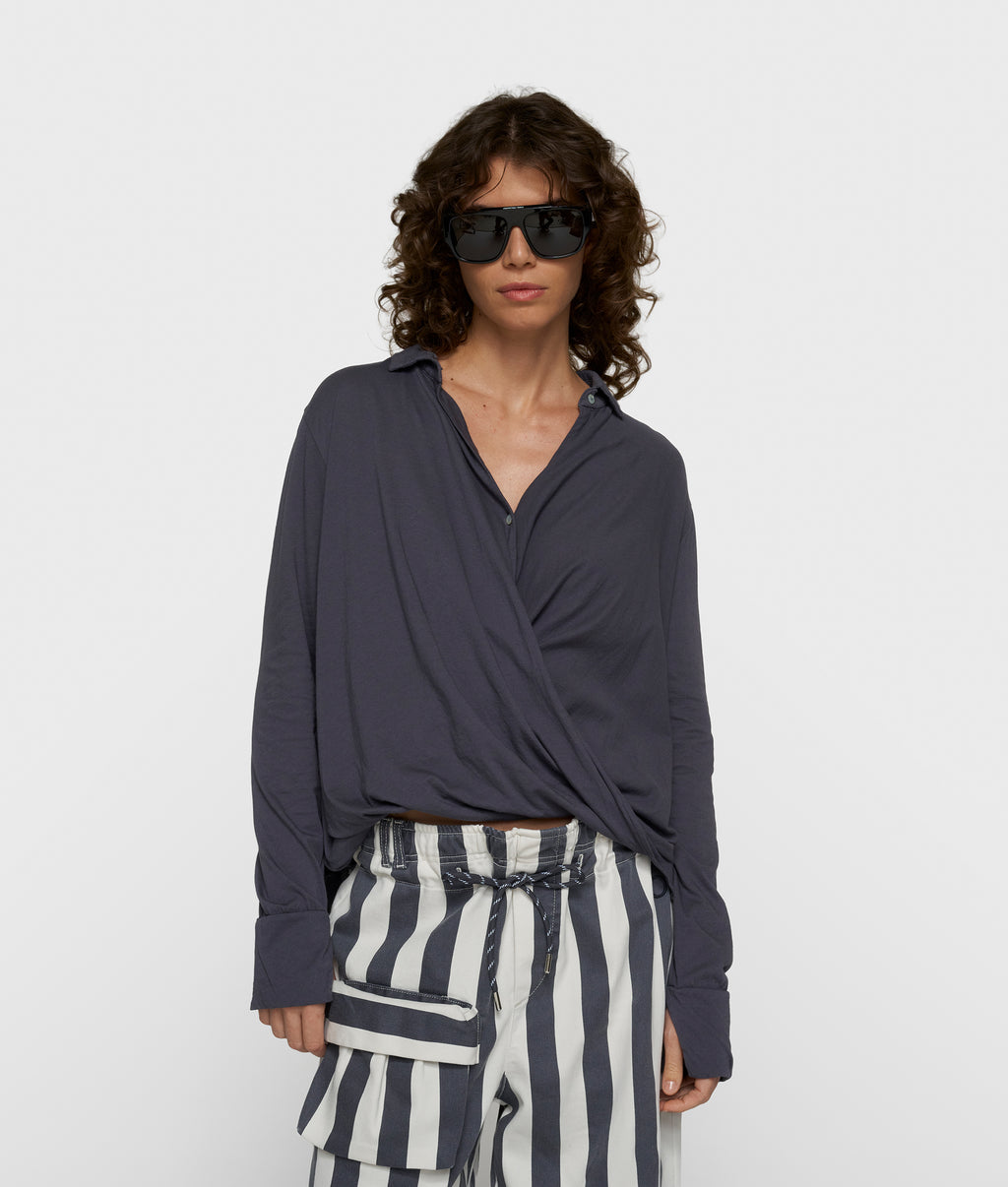 wrap blouse | steel blue