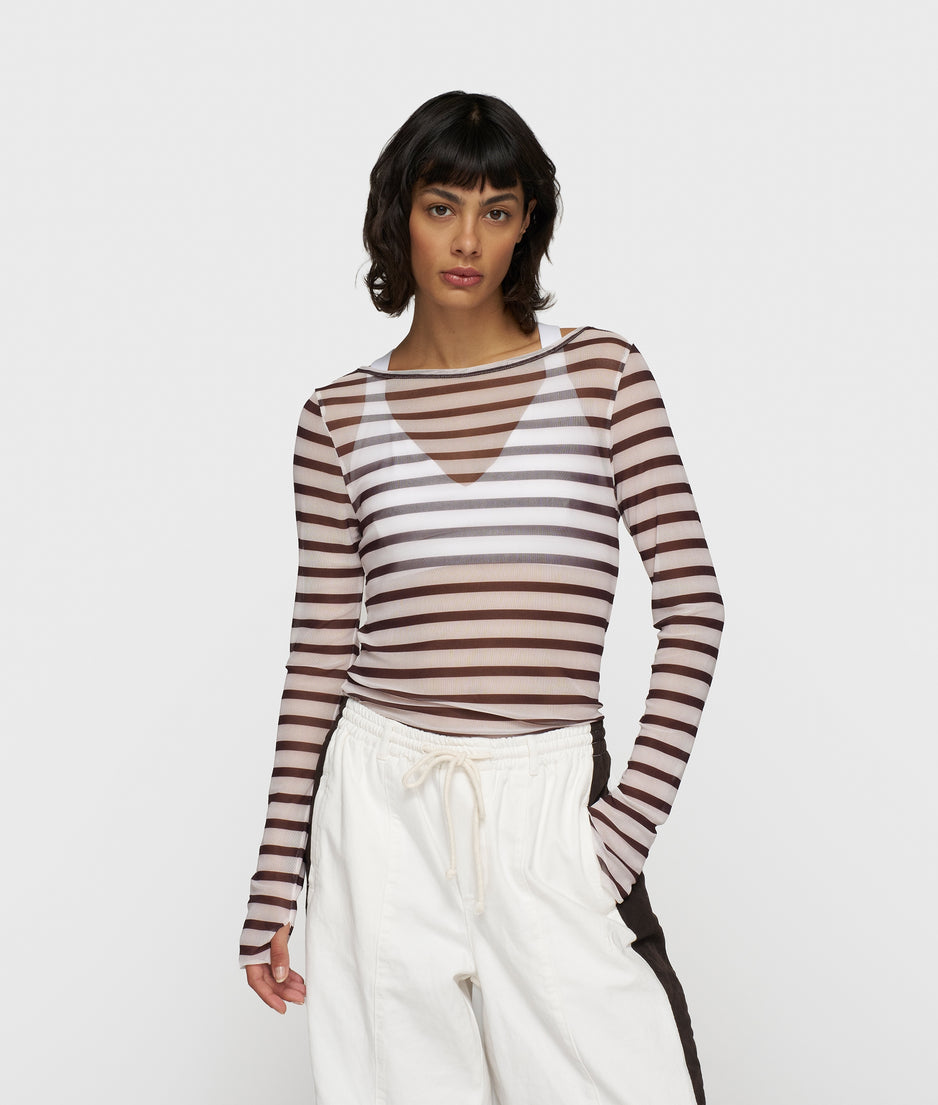 mesh long sleeve stripes | ecru/wine