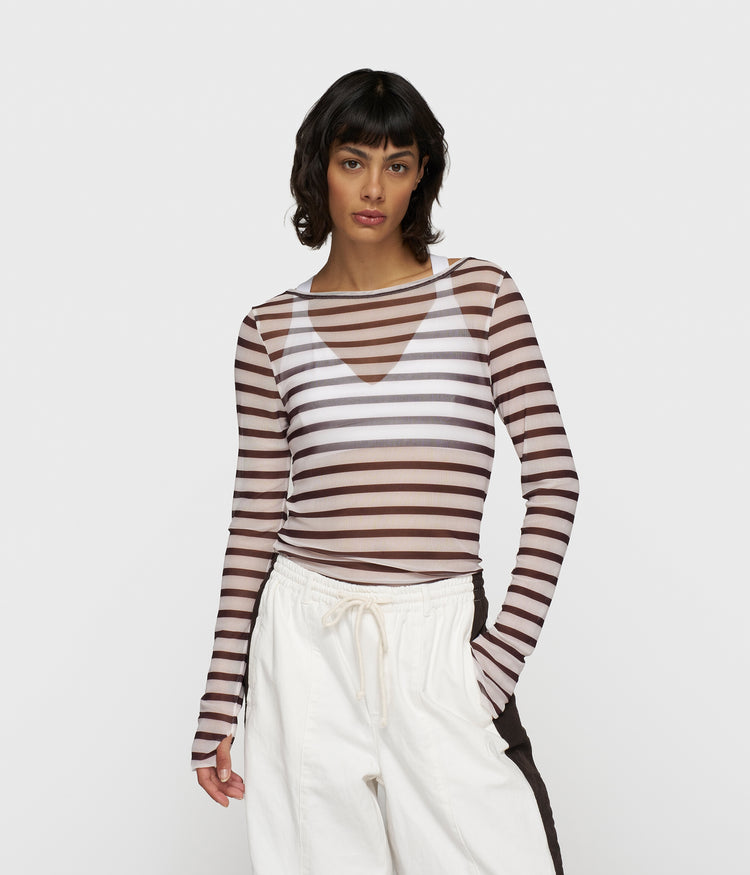 mesh long sleeve stripes | ecru/wine