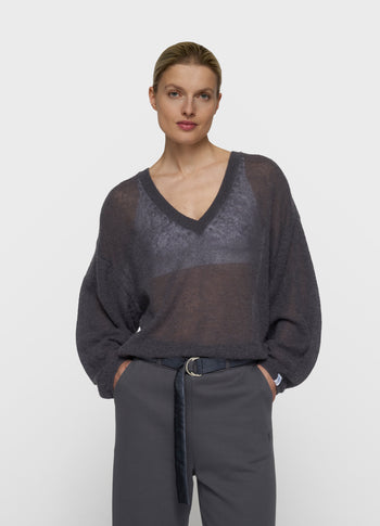 thin v-neck knit sweater | steel blue