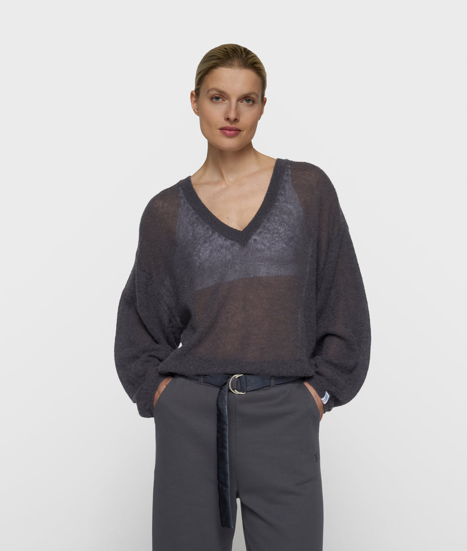 thin v-neck knit sweater | steel blue