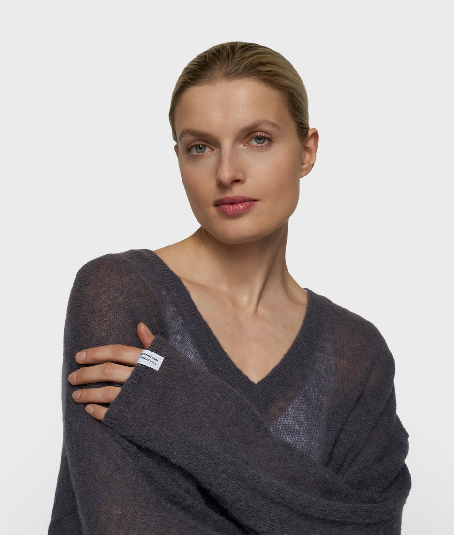 thin v-neck knit sweater | steel blue