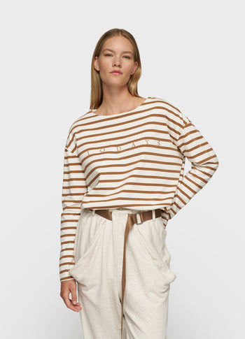 boat neck top stripes | ecru/suede