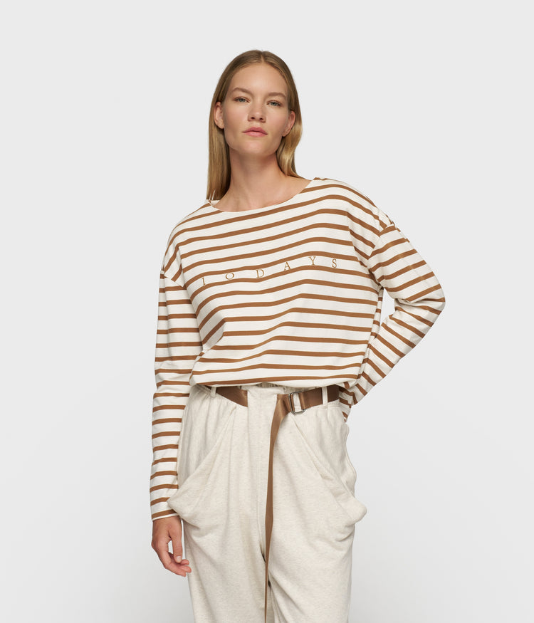 boat neck top stripes | ecru/suede