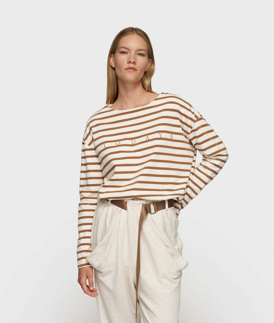 boat neck top stripes | ecru/suede