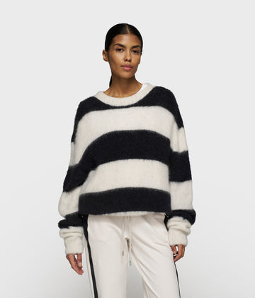 cropped hairy knit sweater stripes | ecru/black