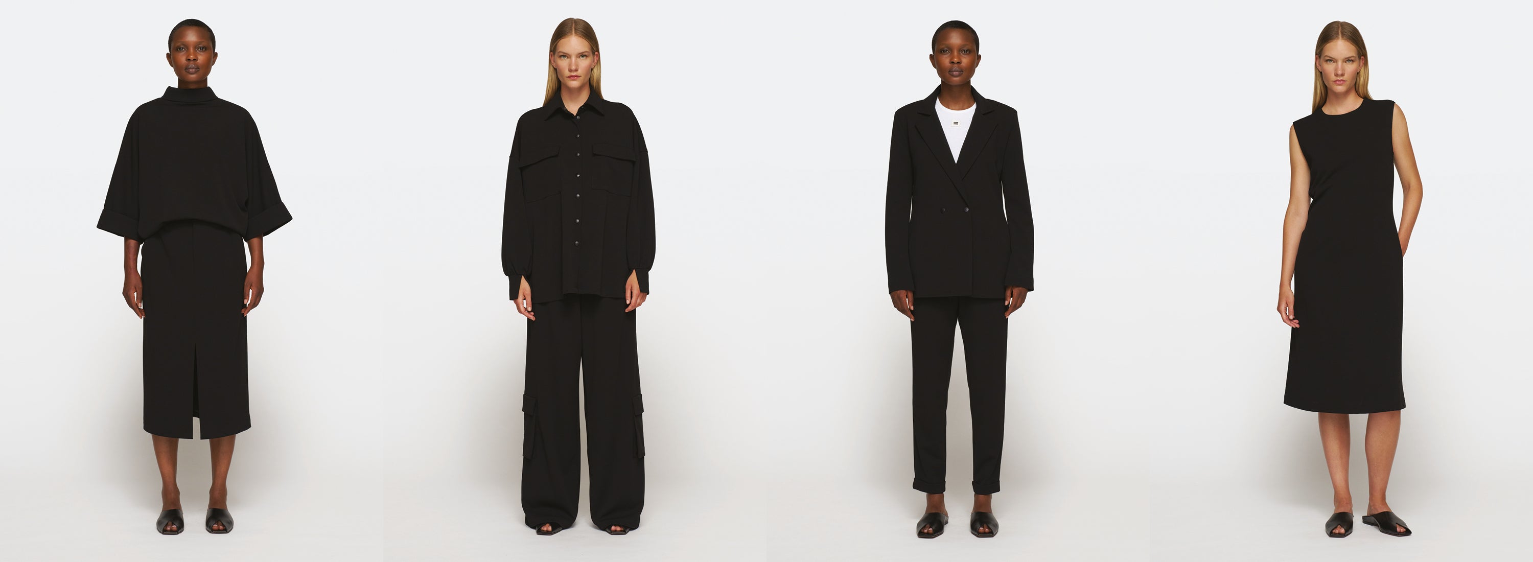 Four different black outfits for women