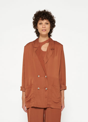 double breasted satin blazer | saddle brown