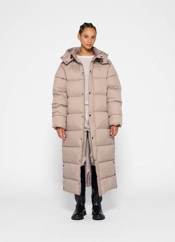 long puffer jacket | warm taupe