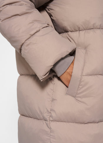 long puffer jacket | warm taupe