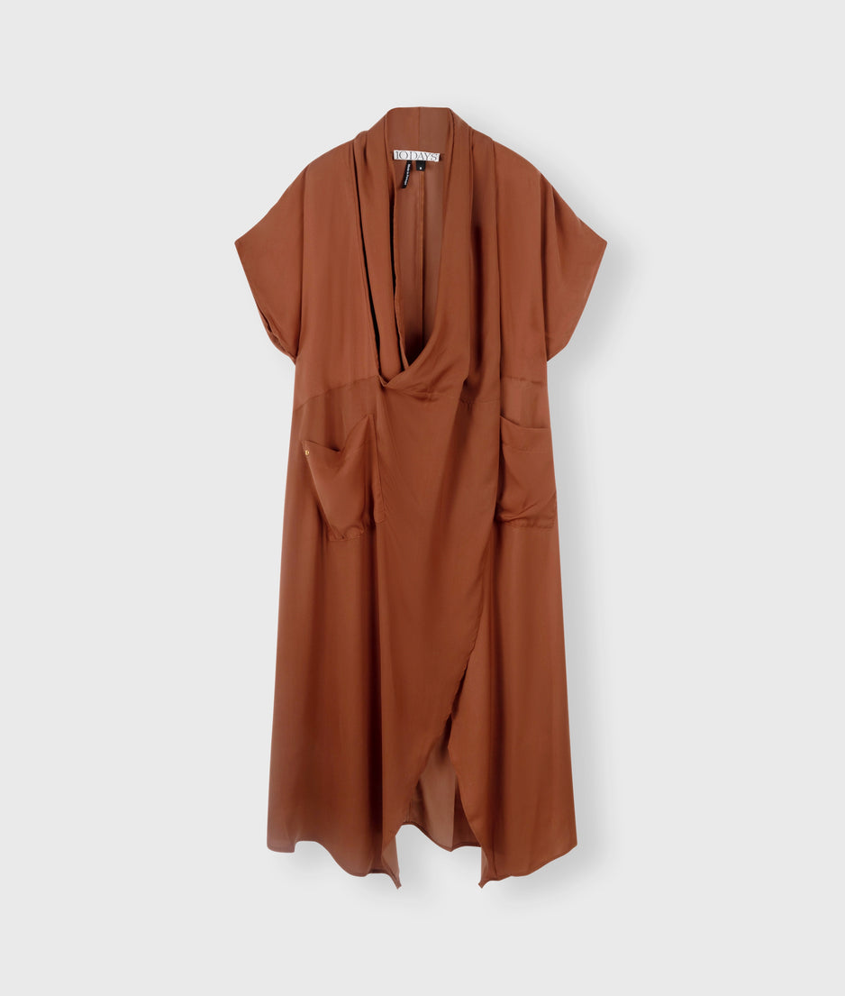 satin kimono dress | saddle brown