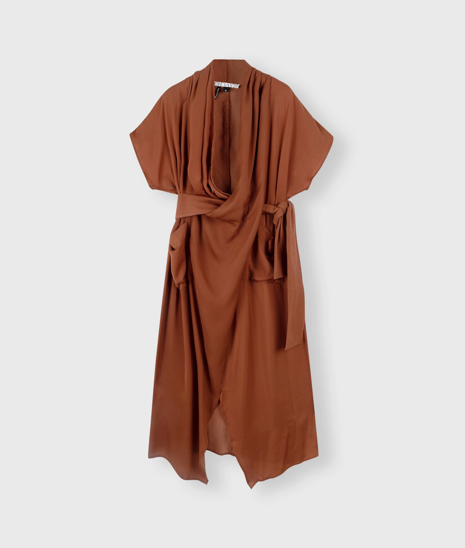 satin kimono dress | saddle brown