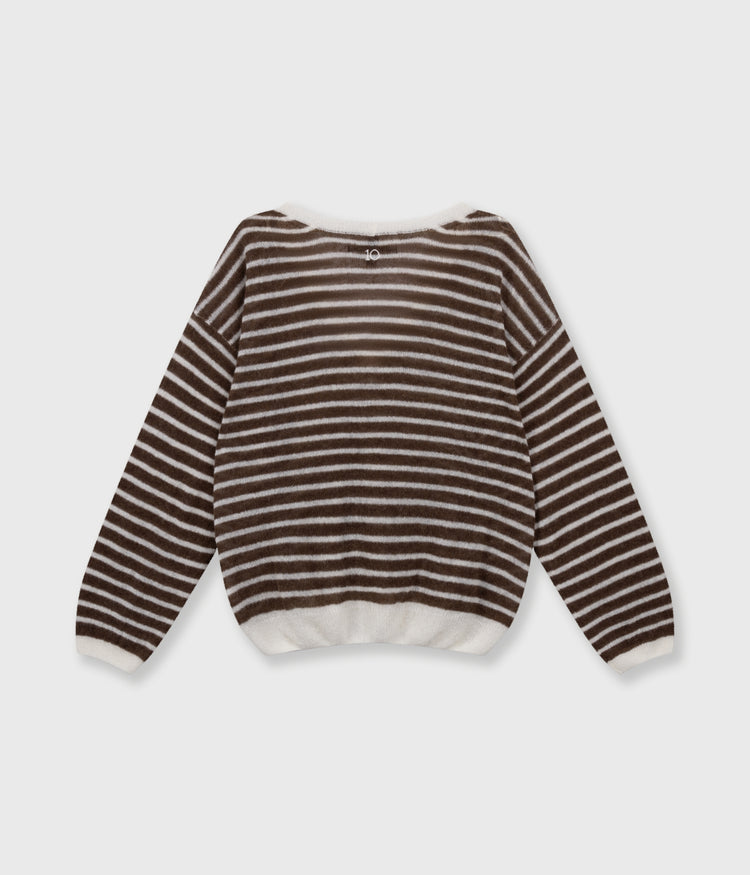 thin v-neck knit sweater | ecru/dark truffle