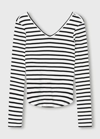 v-neck long sleeve ballet top stripes | ecru/black