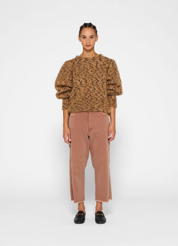 puffed sweater knit leopard | saddle brown