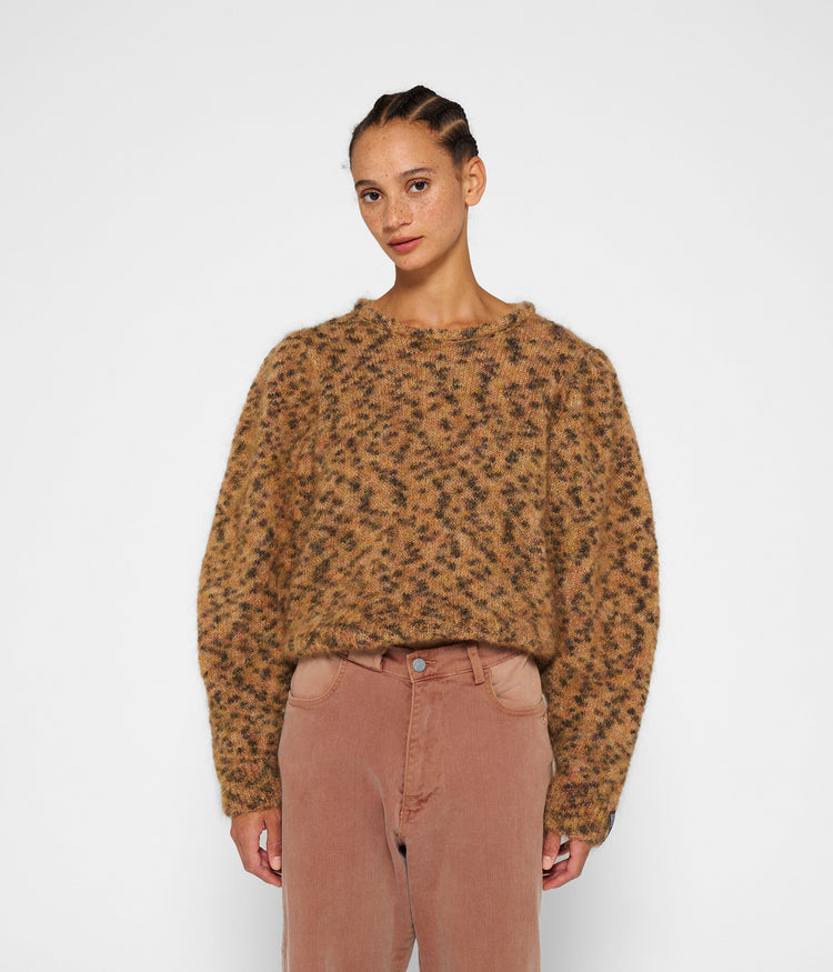 puffed sweater knit leopard | saddle brown
