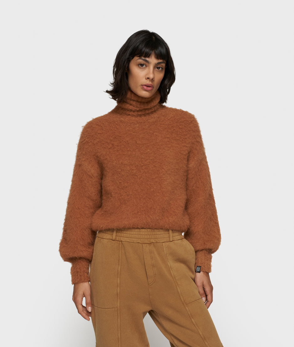 cropped knit turtleneck | suede