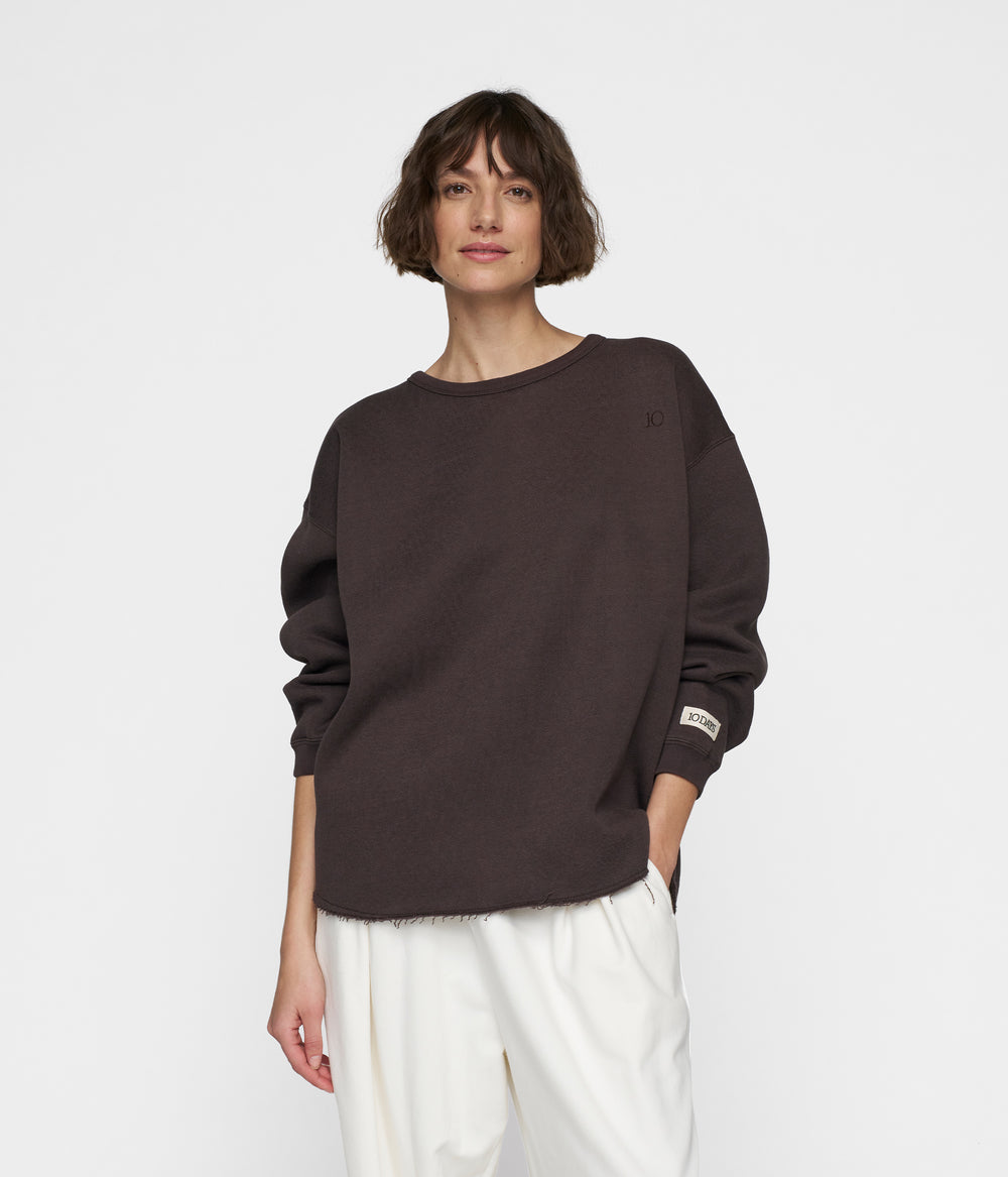 raw edge statement sweater | chocolate