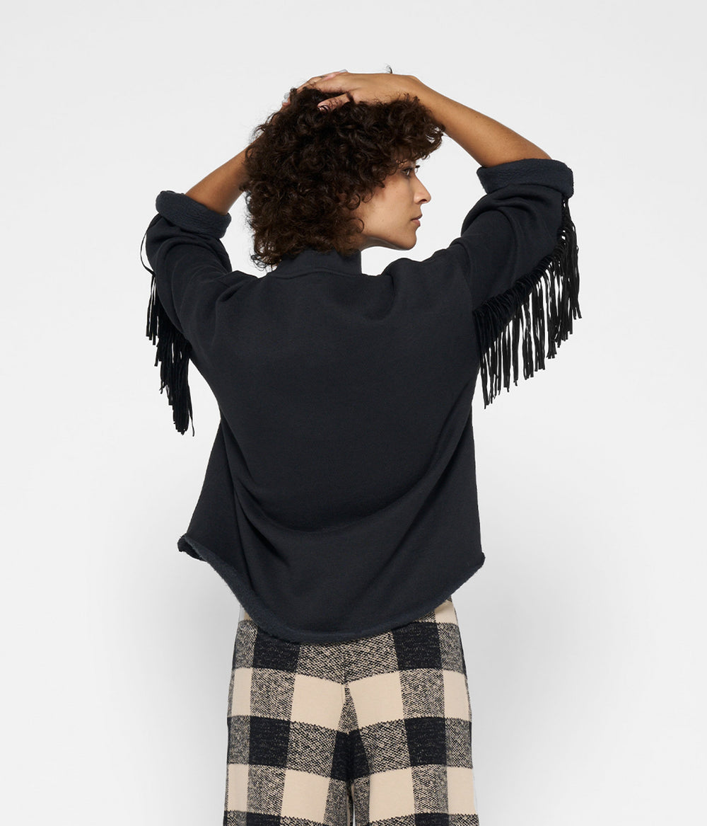 high neck sweater fringe | black