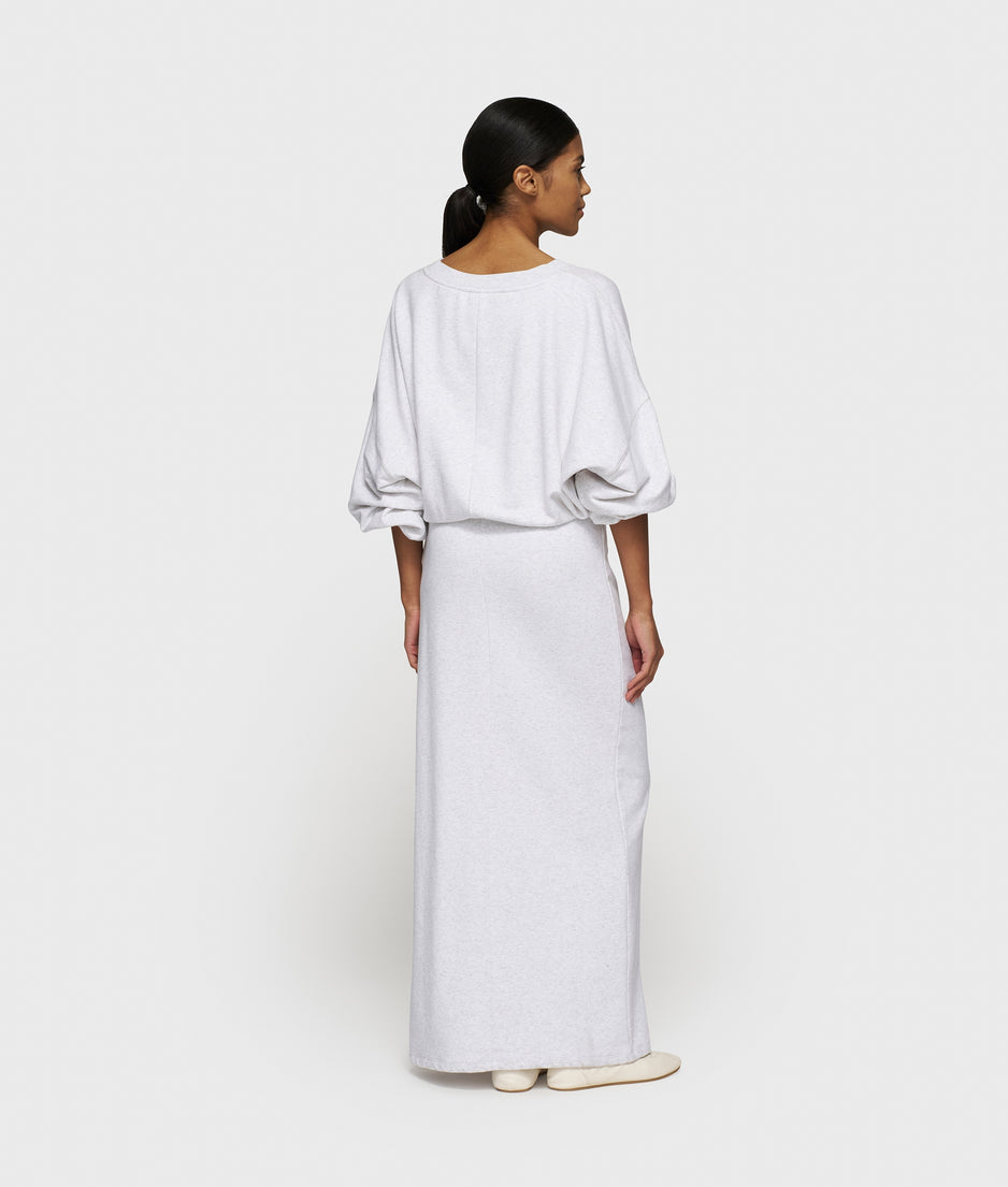 long wrap dress gathering | white grey melee
