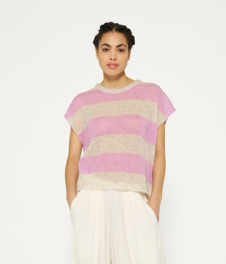 tee thin knit stripes | light safari/violet