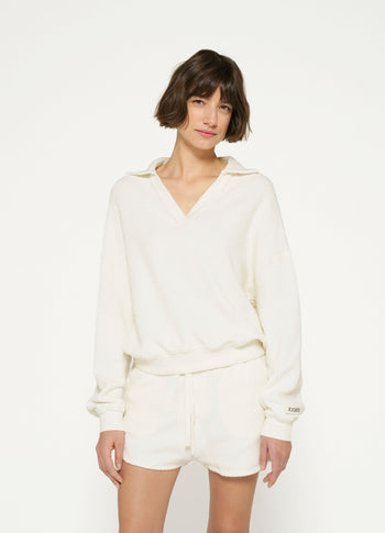 texture fleece polo sweater | ecru