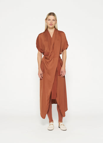 satin kimono dress | saddle brown