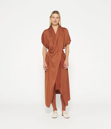 satin kimono dress | saddle brown