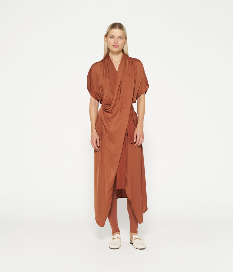 satin kimono dress | saddle brown