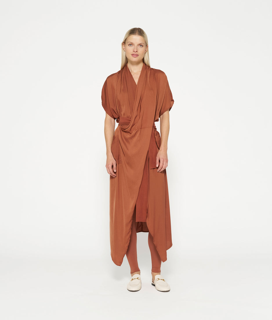 satin kimono dress | saddle brown