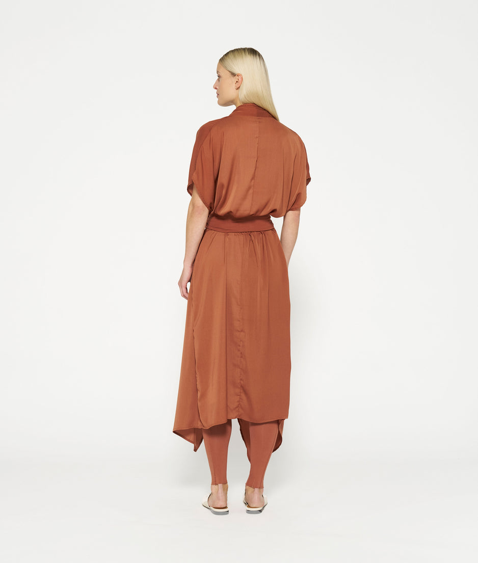 satin kimono dress | saddle brown