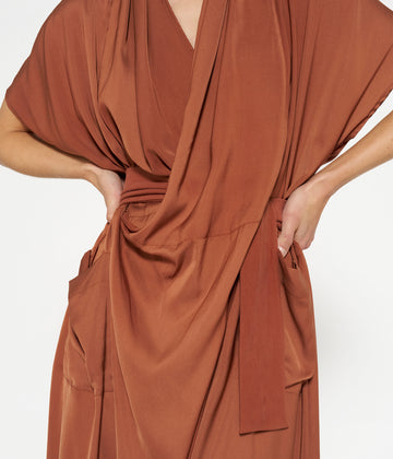 satin kimono dress | saddle brown