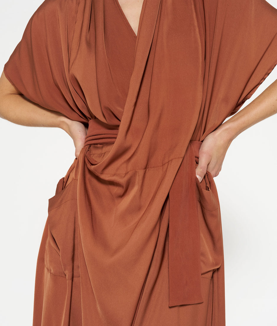 satin kimono dress | saddle brown