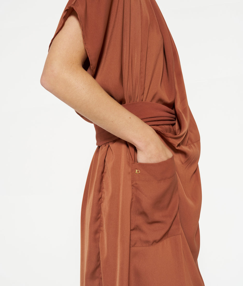 satin kimono dress | saddle brown