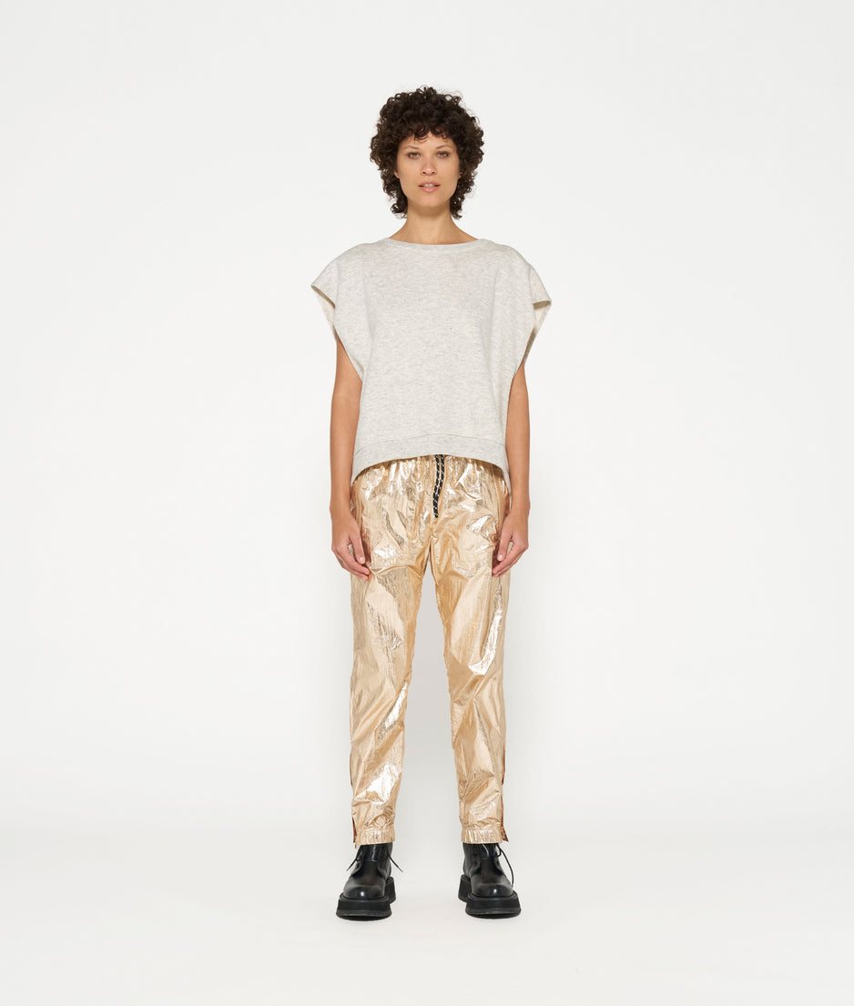 metallic pants | rose gold