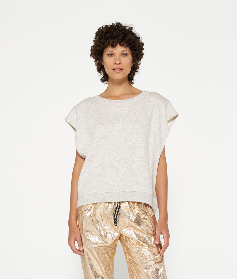 padded shoulder knit top | white grey melee