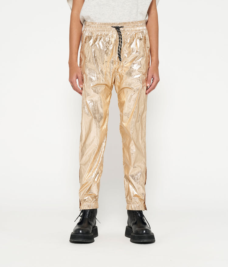 metallic pants | rose gold