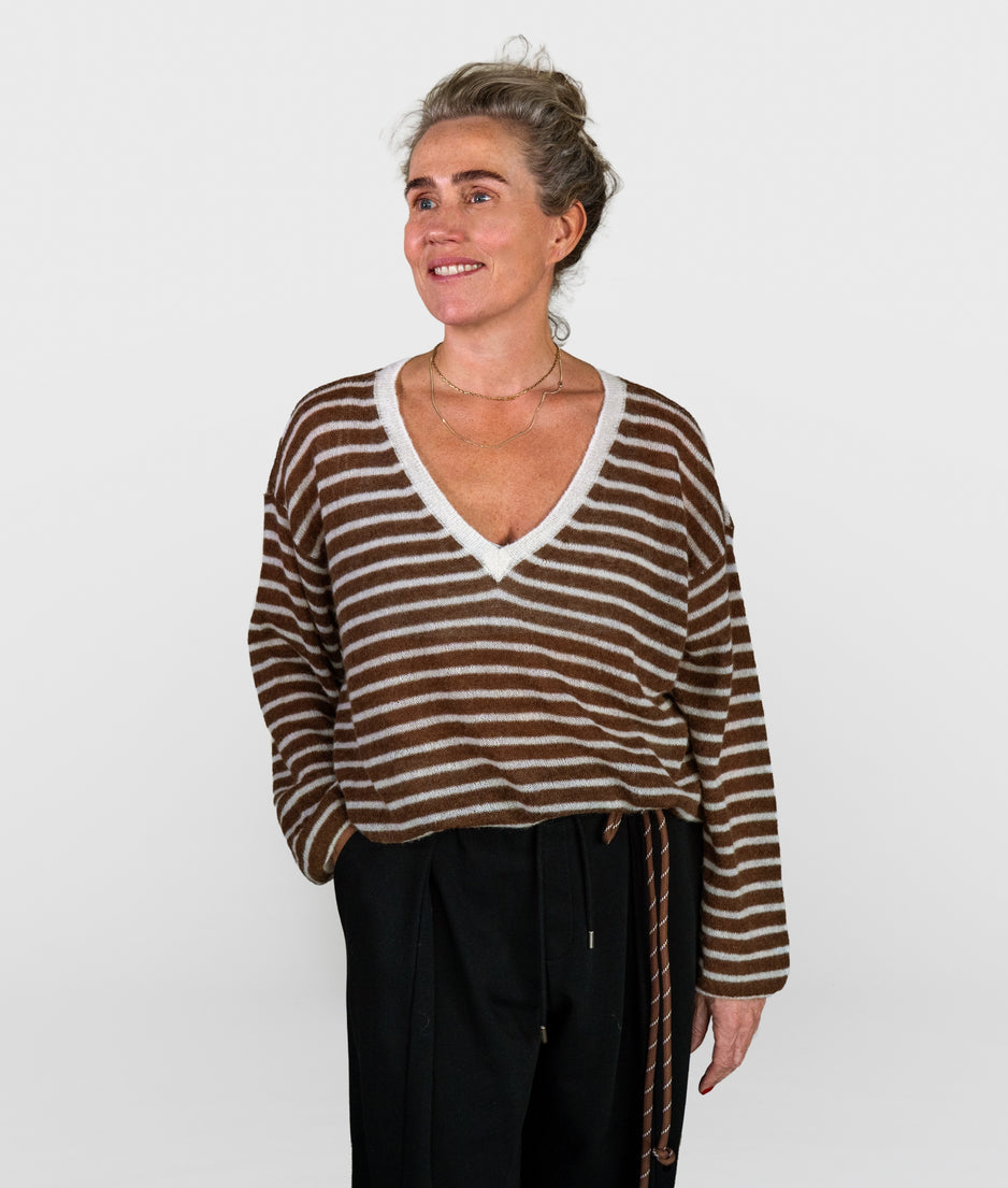 thin v-neck knit sweater | ecru/dark truffle