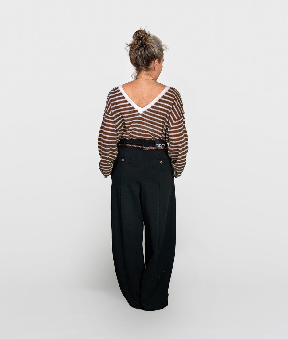 thin v-neck knit sweater | ecru/dark truffle