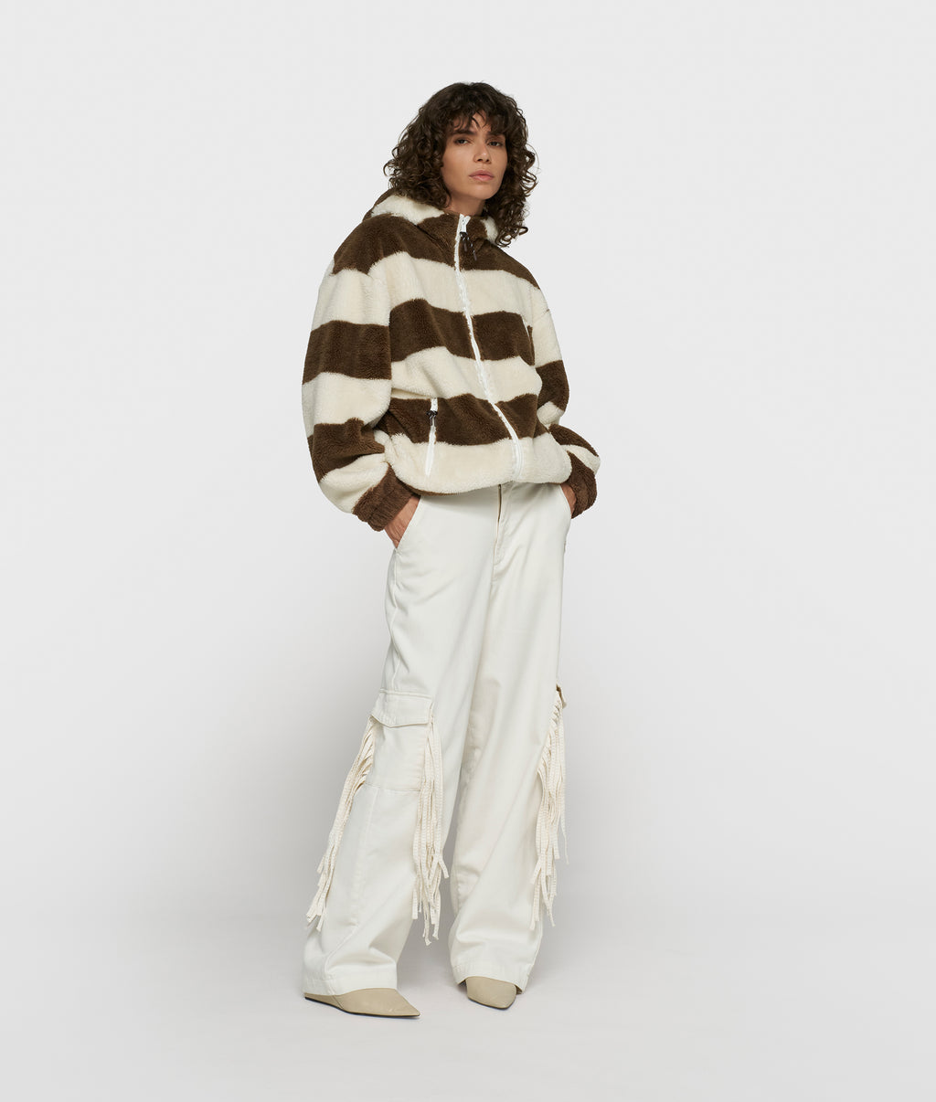 gestreepte teddy hoodie met rits | pearl/brown