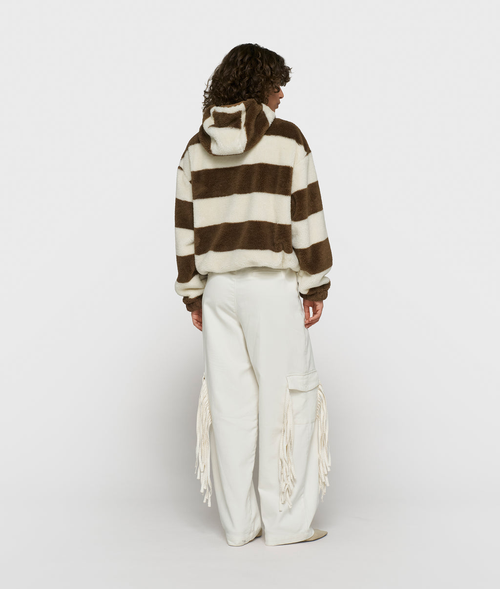 gestreepte teddy hoodie met rits | pearl/brown