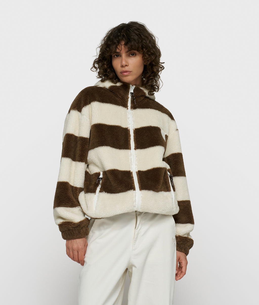 gestreepte teddy hoodie met rits | pearl/brown